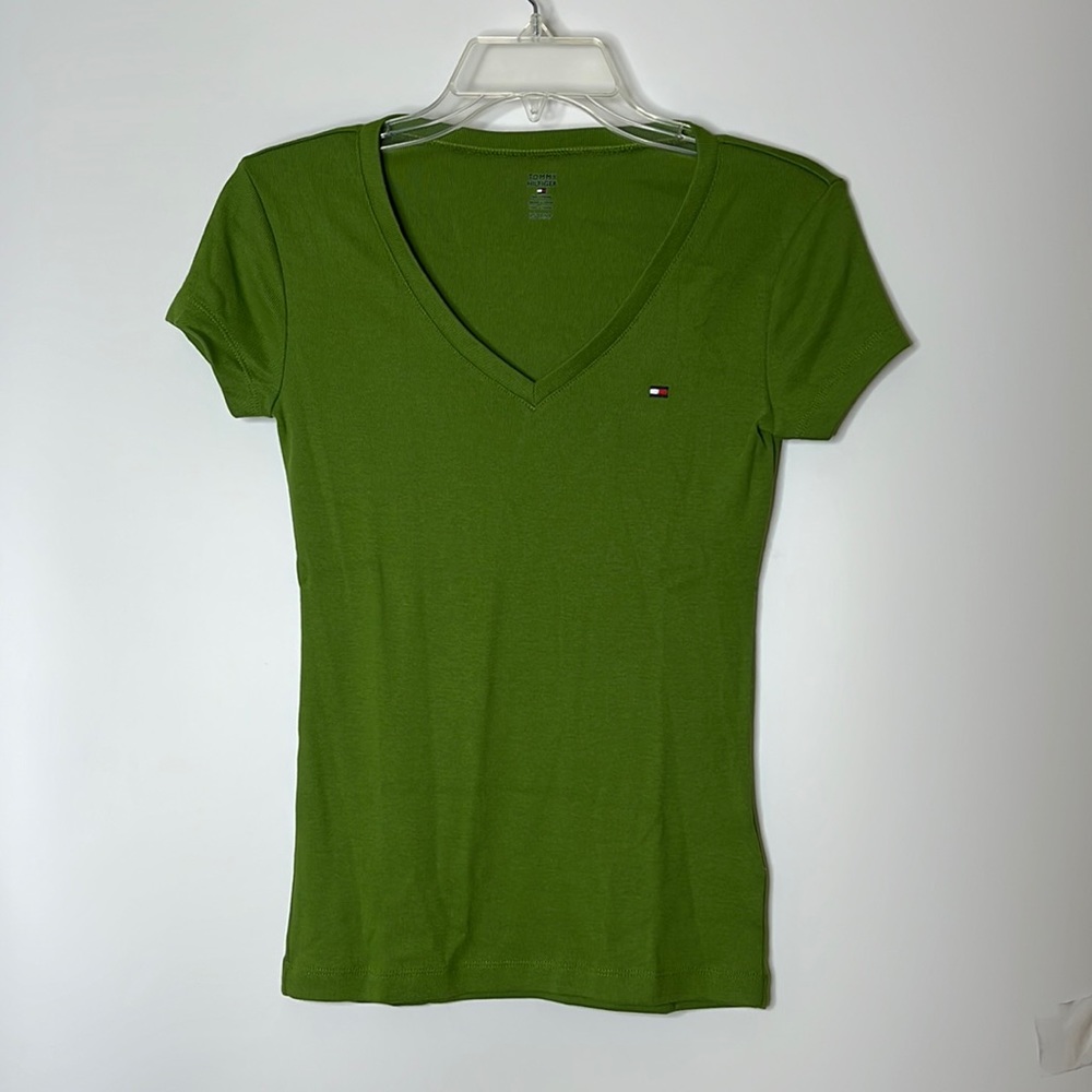 Tommy Hilfiger Womens Green Ribbed Short Sleeve Knit Top Shirt XS XSMALL